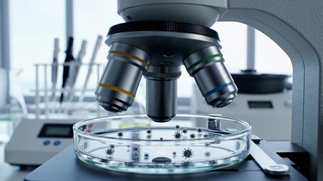 Laboratory microscope examining a petri dish with agar gel in a lab setting with equipment
