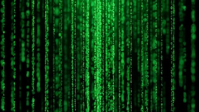 Digital Rain: Green binary code cascades in a mesmerizing display, symbolizing the flow of data, technology, and the digital world, evoking a sense of mystery and the intricacies of information.