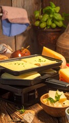 Culinary scene of melted cheese with ingredients on rustic wood