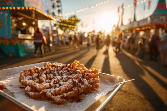 Crispy funnel cake dessert served at a street fair with sugary coating and festive atmosphere