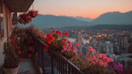 Obraz premium High-rise balcony at sunset features red and pink flowers along the railing as distant city lights twinkle near purple mountain horizons.