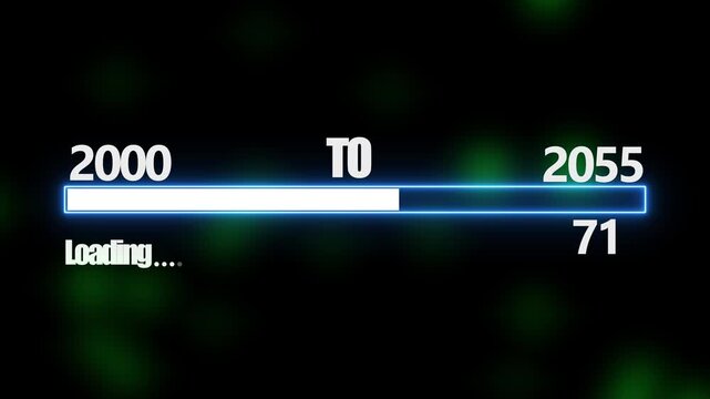 New year 2055 loading bar animation, Loading bar from 2000 to 2055 new year transfer animation. Almost reaching New Year on black background. Welcoming the happy new year 2055. alpha channel 4k video