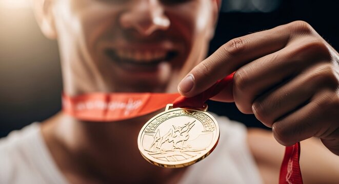 Close-up of a smiling athlete holding a gold medal with a red ribbon celebrating victory and achievement in sports and competition success