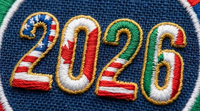 A patch featuring the year 2026 with colorful, embroidered digits