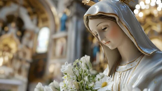 Statue of Blessed Virgin Mary, depicting serene contemplation, holding pure white blossoms, symbolizing faith, spiritual devotion, and peace in a sacred church