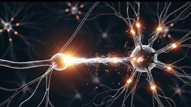 Neurons firing with electrical impulses and sparks through synapses and dendrites in a neural network featuring brain activity, neuroscience, biology with anatomy and physiology elements for nervous