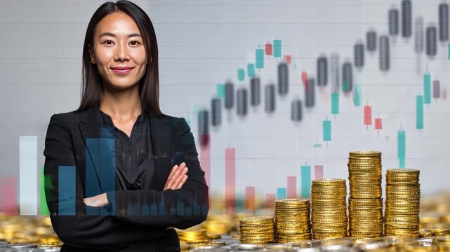 Investing Woman's Success: An ambitious businesswoman, radiating confidence, stands amidst financial charts and stacks of gold coins, symbolizing wealth creation and market growth.