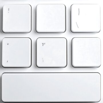 White keyboard keys, some with minimal markings, arranged on a surface with a long spacebar beneath them