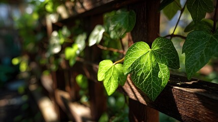Vibrant green ivy leaves grow through a dark wooden garden lattice as filtered sunlight creates a beautiful play of light and deep shadow.