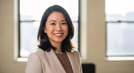 Obraz premium Professional young woman smiling confidently in modern office environment suitable for corporate business and workplace imagery