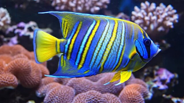 Vivid regal angelfish swims among coral and a yellow tang