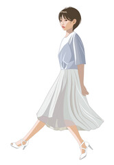 手を後ろに組み歩く若い女性イラスト