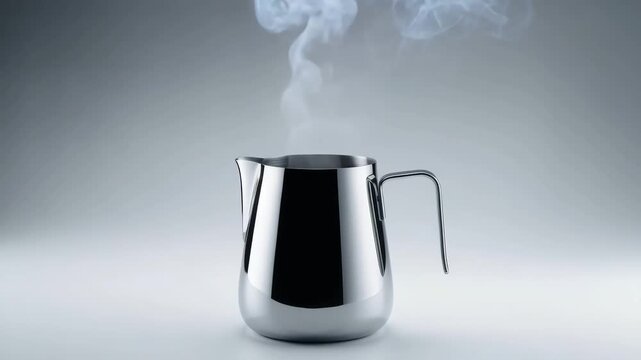 Steaming stainless steel pitcher with smoke rising