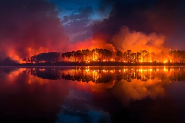 Obraz premium Forest fire approaches a calm lake as dark smoke fills the sky and the orange glow of flames reflects perfectly on the still water surface.