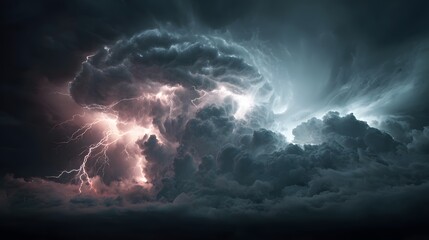 Fototapeta premium Powerful thunderstorm shows multiple bolts of white lightning striking down from heavy swirling dark grey clouds in an electric atmosphere.