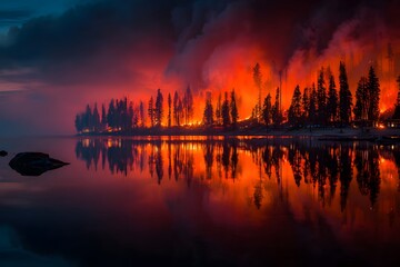 Naklejka premium Forest fire approaches a calm lake as dark smoke fills the sky and the orange glow of flames reflects perfectly on the still water surface.