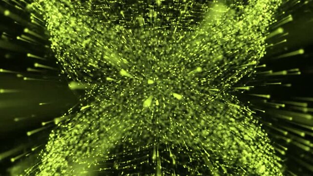 Luminescent particle bursts emanate from a central point against a dark background, abstract