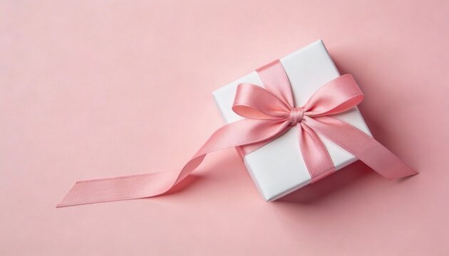 Elegant white gift box with a satin pink ribbon and bow on a soft pink background