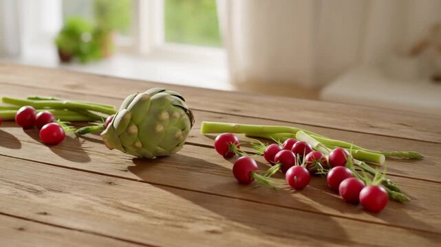 Flat lay of fresh whole vegetables on a wooden table by a large sunlit window with a soft blurred interior background concept of minimalist and inviting home cooking atmosphere