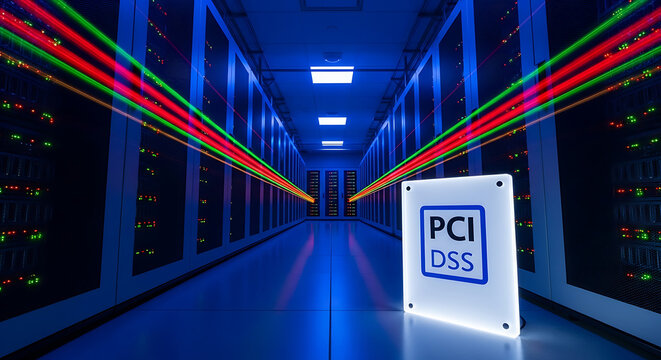 Advanced digital infrastructure upholding stringent security standards for sensitive data, with symbolic light trails depicting secure information flow in a server environment