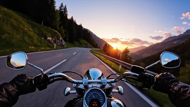 Rider's POV of motorcycle on scenic mountain road at sunset