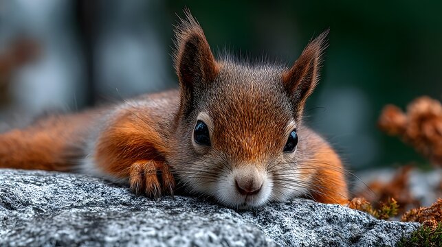 Fluffy red squirrel lies flat on a grey granite rock in a warm forest as sharp fur textures and soft lighting create a peaceful nature scene.