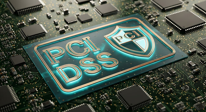 Conceptual integrated circuit highlighting stringent data security standards crucial for payment card industry compliance and safeguarding sensitive financial transactions digitally
