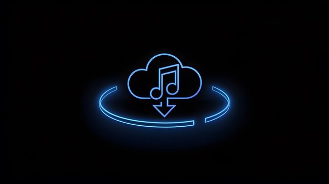 Glowing neon blue cloud icon with a music note and download arrow surrounded by a digital data circle on a dark background illustrating modern music s