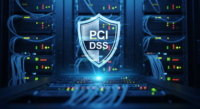 PCI DSS Shield Symbolizing Data Security and Compliance within a Server Room Environment