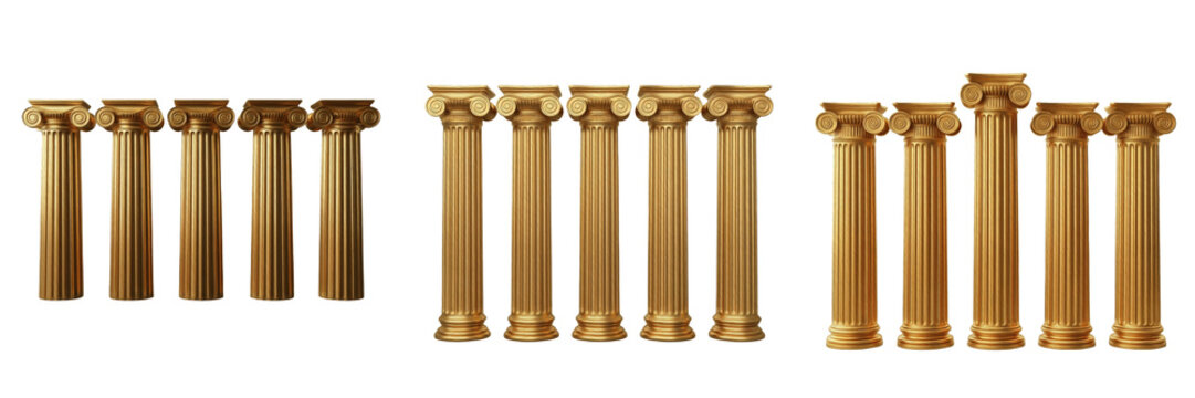 Set of Luxury Golden Greek Pillars, Classical Ionic Columns for Architecture and Legal Concept Isolated on White
