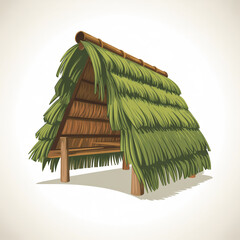 Illustration of a primitive tropical hut with a green thatched palm roof.