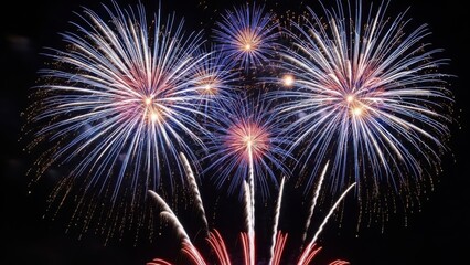 Obraz premium Vibrant Blue and Red Fireworks Exploding in Dark Night Sky