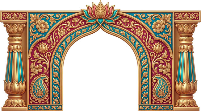 Royal Indian Ornamental Arch PNG with Lotus Motif, Traditional Mandap Decorative Frame, Design for Wedding & Religious Events
