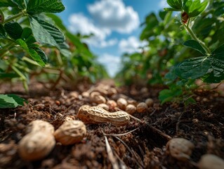 Obraz premium Low-angle peanut field shows shells on rich dark soil shaded by lush green plants under a bright blue sky with fluffy white distant clouds.
