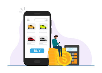 Online Car Shopping and Payment via Mobile App stock illustration.