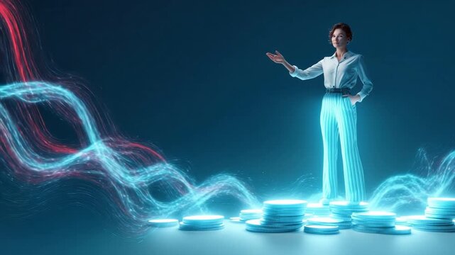 Visionary in Digital Realm: A sophisticated woman stands with poise atop a luminous platform, commanding attention as she navigates the intricate currents of the digital world.