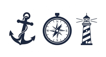 Nautical symbols anchor compass and lighthouse icons. © Ahmad
