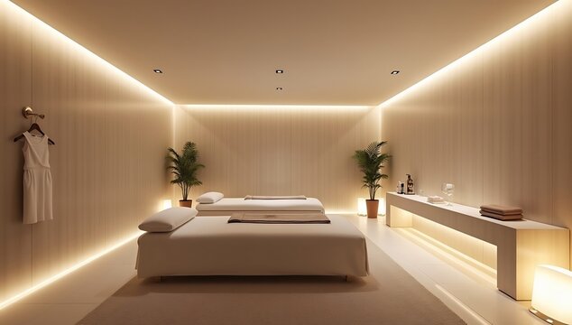 Serene Spa Room with Ambient Lighting and Massage Beds.