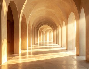 Sunlit arches cast long shadows down a classical stone arcade.