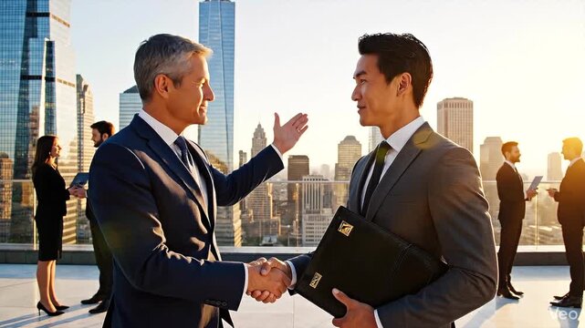 Business Handshake: Two figures in formal wear seal a deal with a firm handshake, standing on a rooftop overlooking a cityscape. Capturing a moment of partnership and ambition.