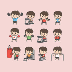 Cute Cartoon Kids Doing Various Fitness and Gym Exercises