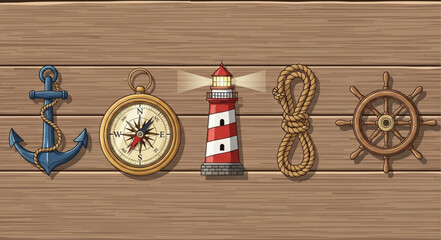 Nautical objects arranged on a wooden background. © Ahmad