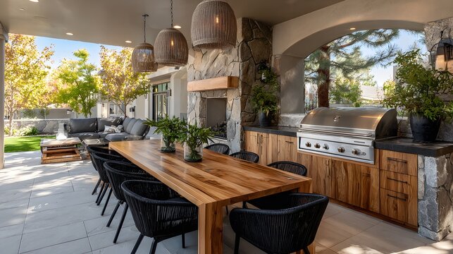 Luxury outdoor kitchen and patio feature a stainless steel grill, wooden cabinets, and a dining table surrounded by a lush green garden view.
