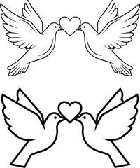 Obraz premium Two doves facing each other with hearts between them, symbolizing love and peace, depicted in simple line illustrations.