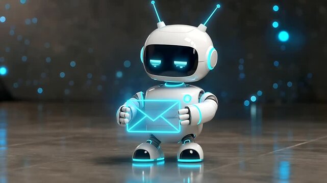 3D render of a cute white robot holding a glowing blue email icon, AI assistant, chatbot, digital communication, technology concept