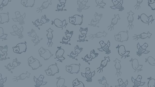 Faint sketches of cartoon animals ideal for childrens book illustrations or educational materials featuring birds, pigs, and squid. Great for storytelling.