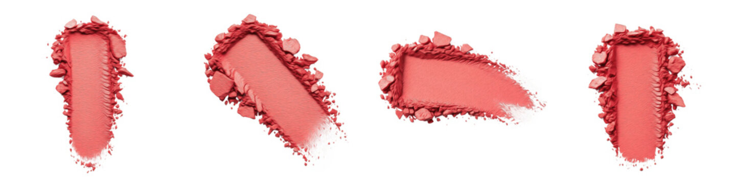 Set of Coral Pink Eyeshadow Swatches, Soft Pastel Powder Smudges and Cosmetic Textures Isolated on White