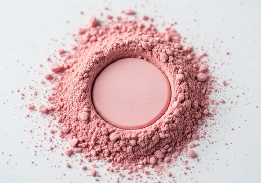 Compressed pink cosmetic powder rests within a mound of finely milled loose pigment on a white surface.