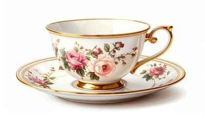 Floral teacup and saucer detailed illustration isolated on white background.
