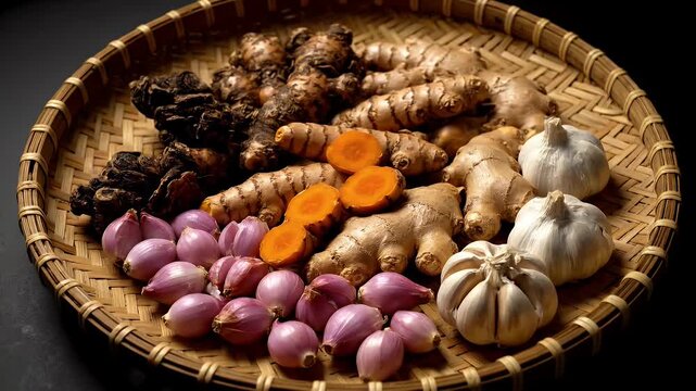 Ginger Turmeric Garlic Shallots in a Traditional Bamboo Basket